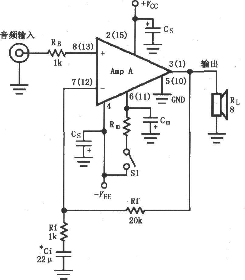 LM4766的双电源供电的音频功率放大电路