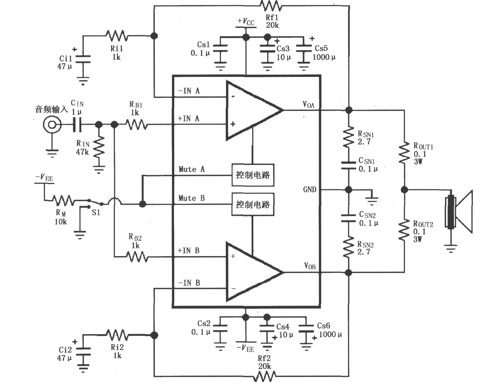 LM4732用于并联输出的音频功率放大电路