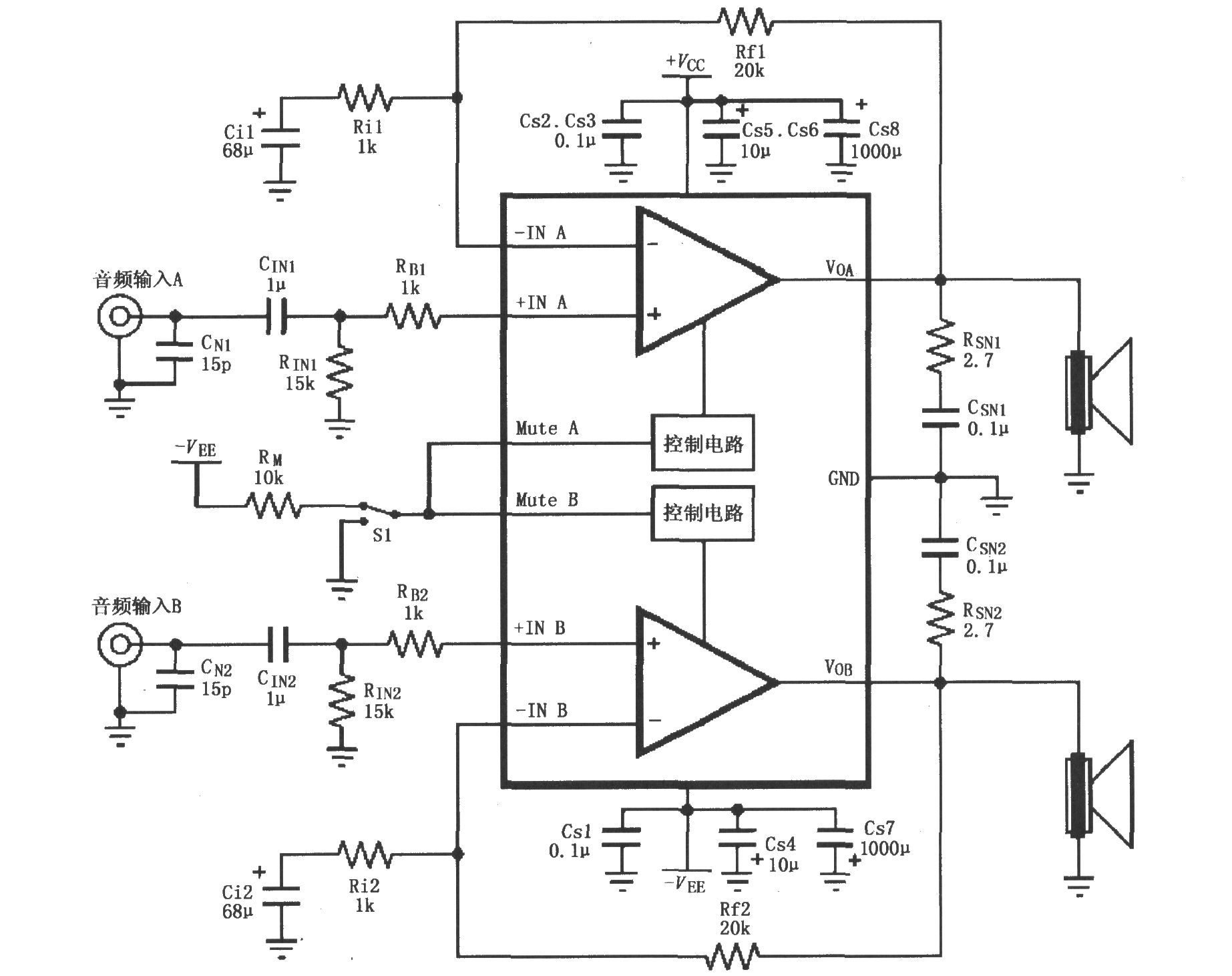 LM4732双电源音频功率放大电路