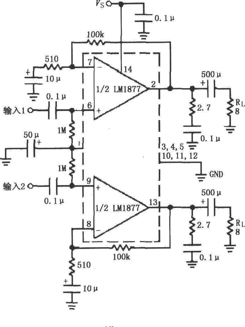 由LM1877构成的具有Av=200(增益)的立体声放大电路