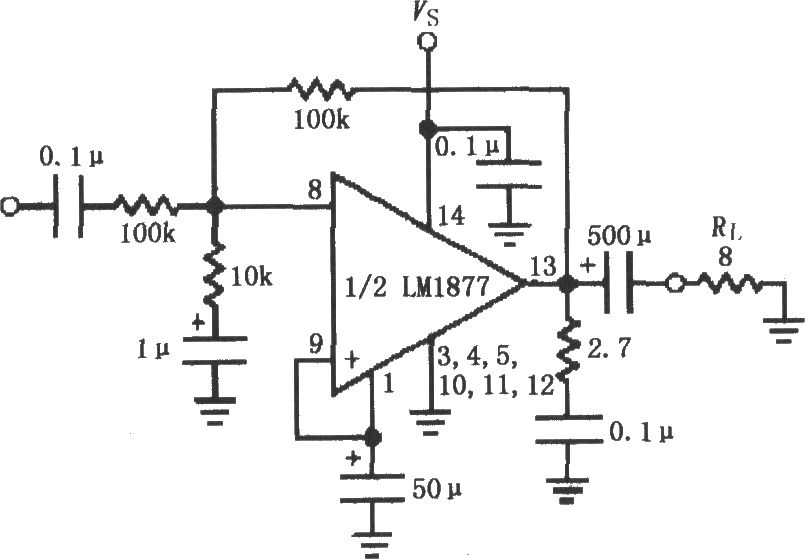 由LM1877构成的反相单位增益放大电路