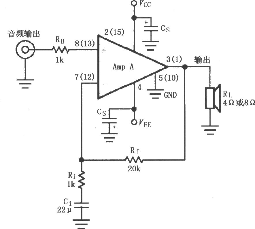 LM1876双电源供电音频功率放大电路