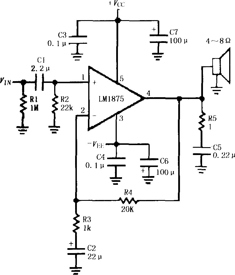 LM1875的双电源供电音频功率放大电路