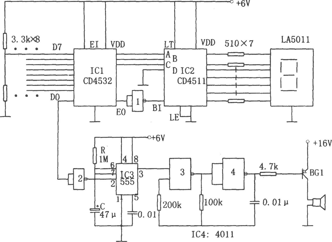八路数字显示优先报警器(CD4532、CD4511、555)