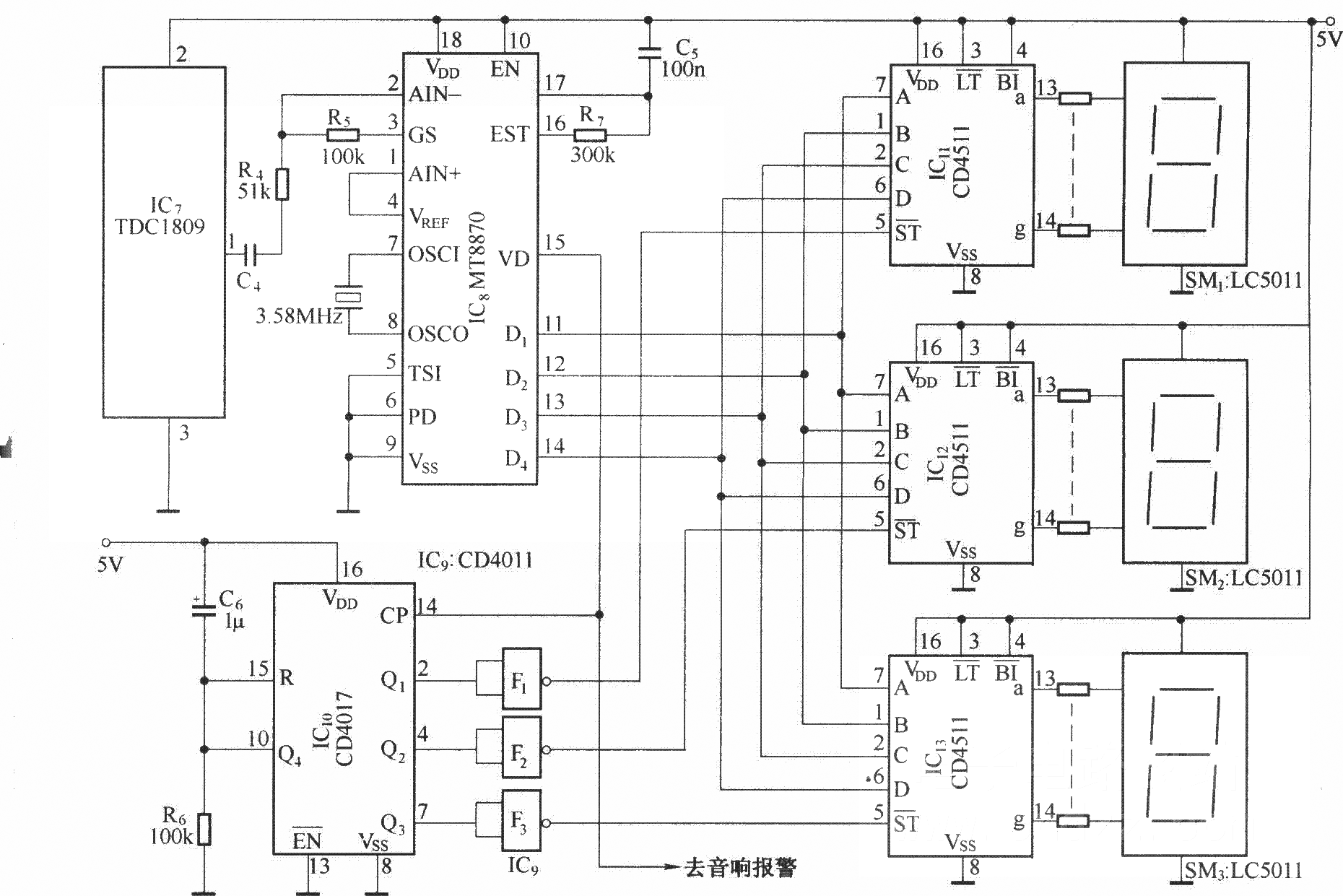 红外探测多路无线报警电路(TDC1808/TDC1809)