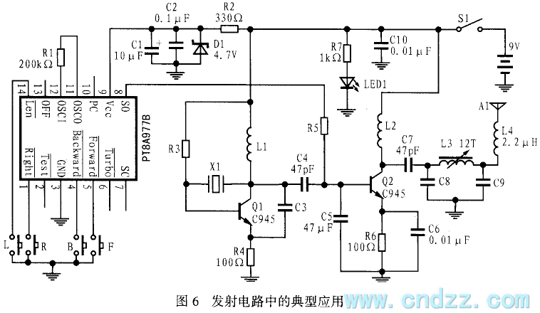 5功能遥控器PT8A977/978的应用电路