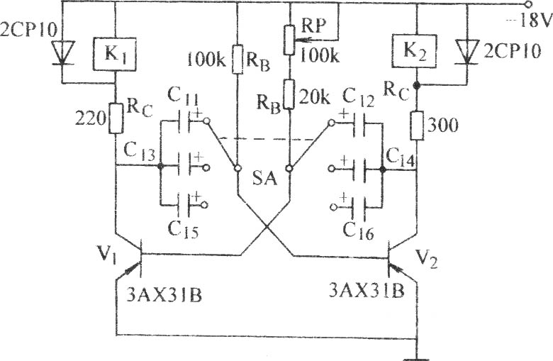 能带动两只继电器的无稳态电路