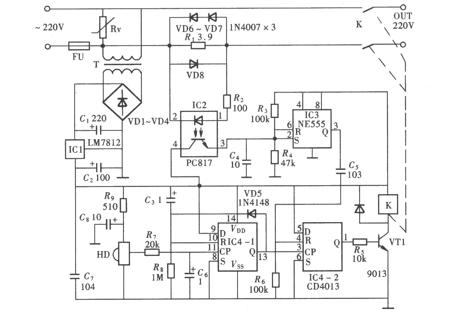 由CD4013、NE555组成的家电待机节电控制器