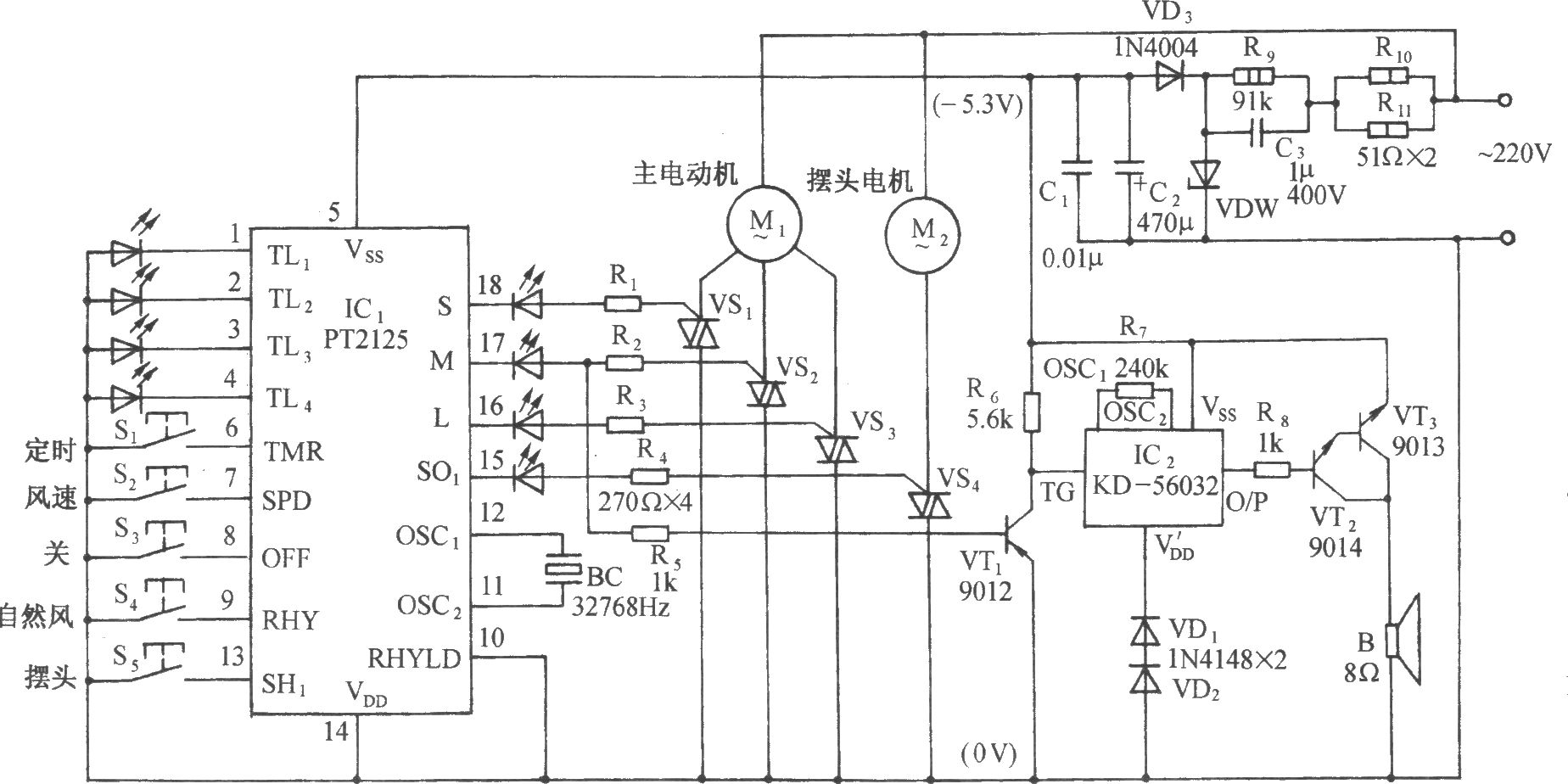 用PT2125的多功能电风扇伴海浪声控制电路