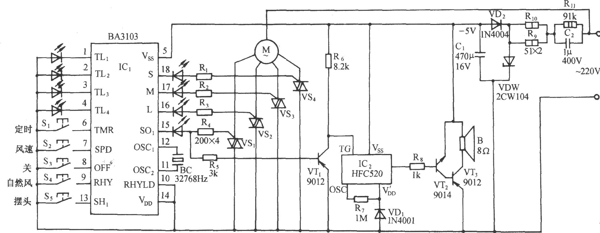 用BA3103的多功能电风扇伴海浪声控制电路
