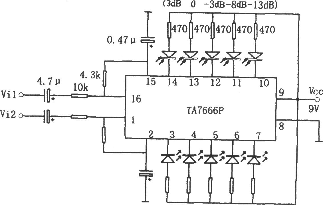 TA7666P双路五位LED电平显示驱动电路