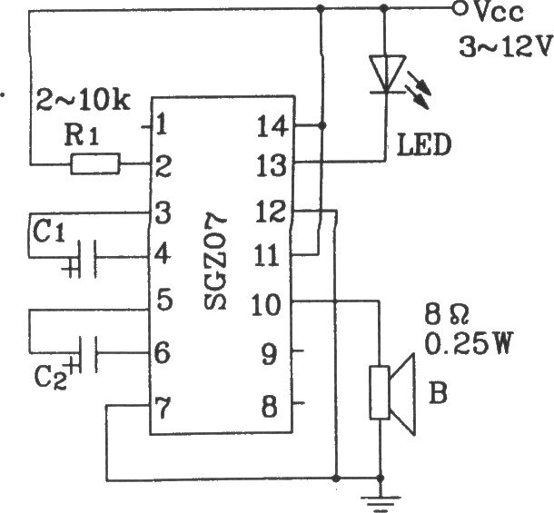 由SGZ07声、光报警集成电路构成双频率声、光信号源电路