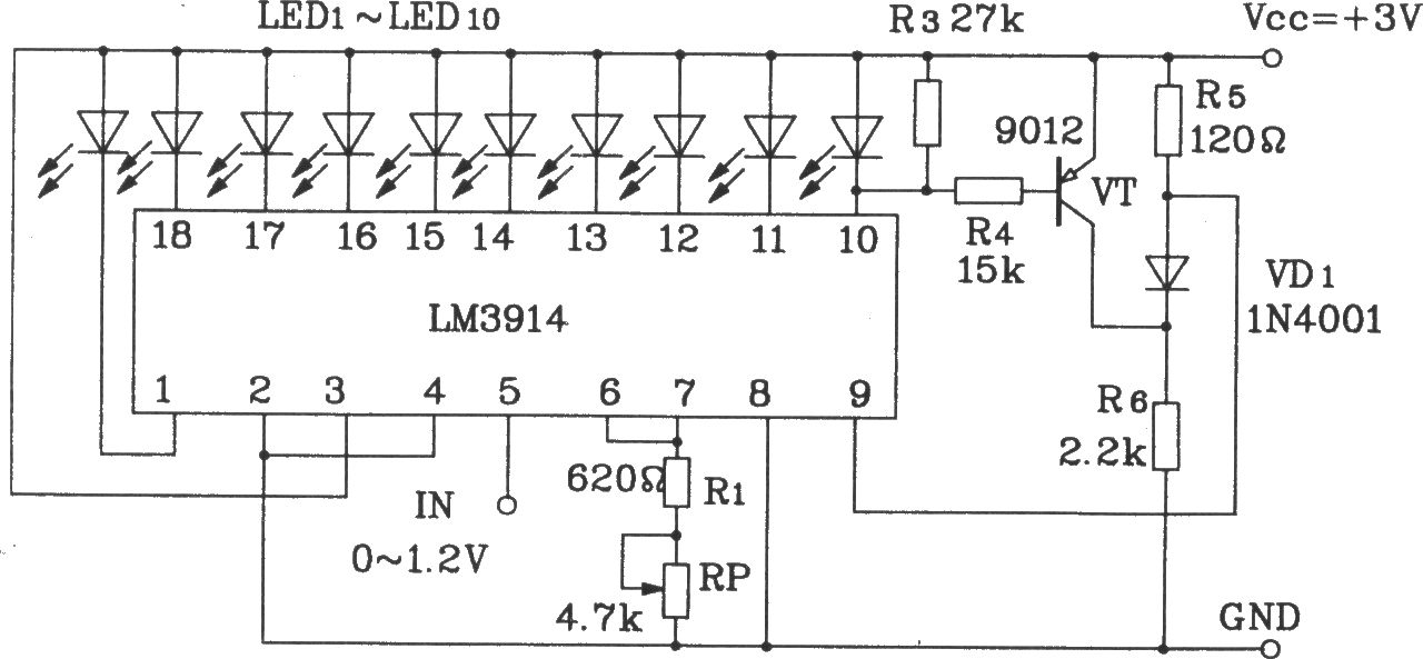 LM3914构成点显示、线溢出的LED显示电路