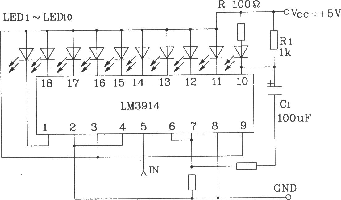 LM3914系列点/线图形LED显示驱动集成电路构成的带