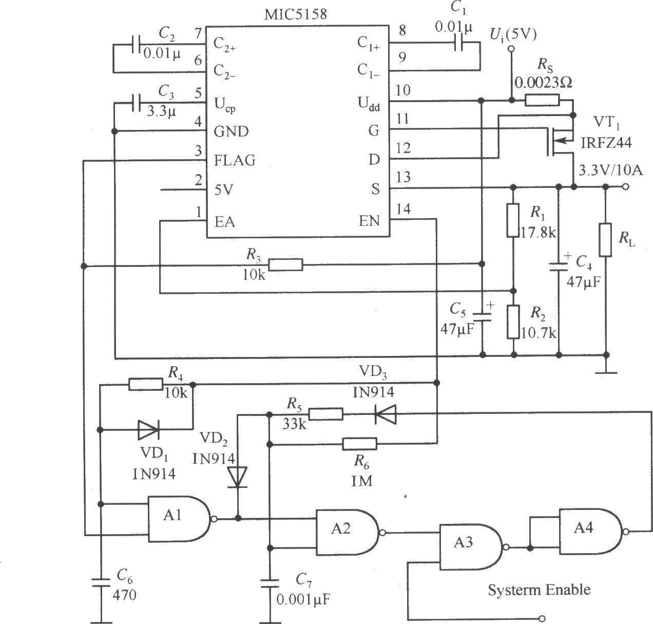 MIC5158与一些其他器件构成的5V输入、3.3V／10A输出并且具有短路