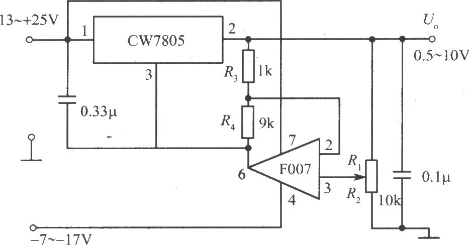 由CW7800和F007构成的输出电压可下调到0.5V的集成稳