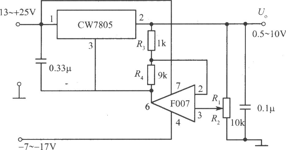 由CW7800和F007构成的输出电压可下调到0.5V的集成稳压电源电路