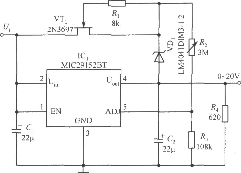 MIC29152BT构成的输出电压0～20V连续可调的稳压器电路