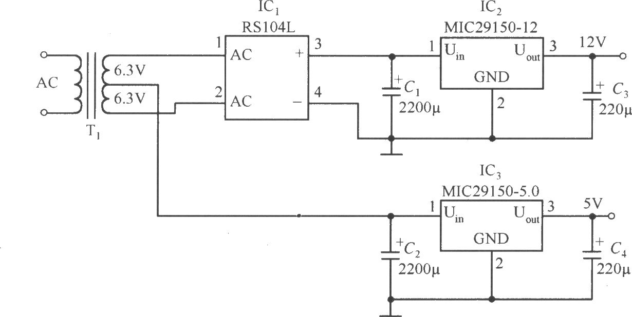 MIC29150-12和MIC29150-5.0稳压器构成的低成本的双路输出的稳压