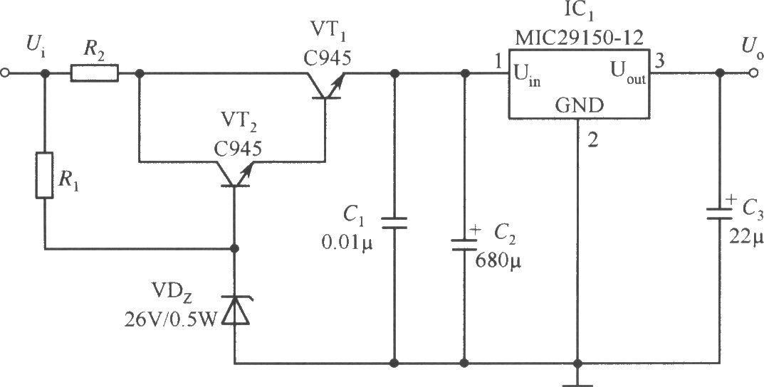 MIC29150-12构成的具有宽输入电压范围的稳压器电路