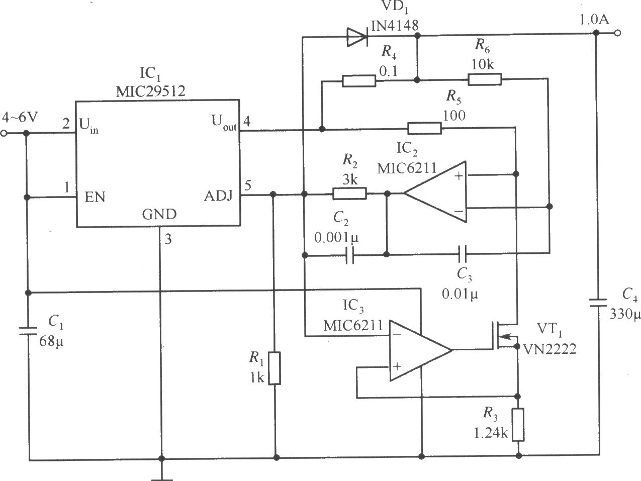 MIC29152构成的输出电流为1.0A的恒流源电路