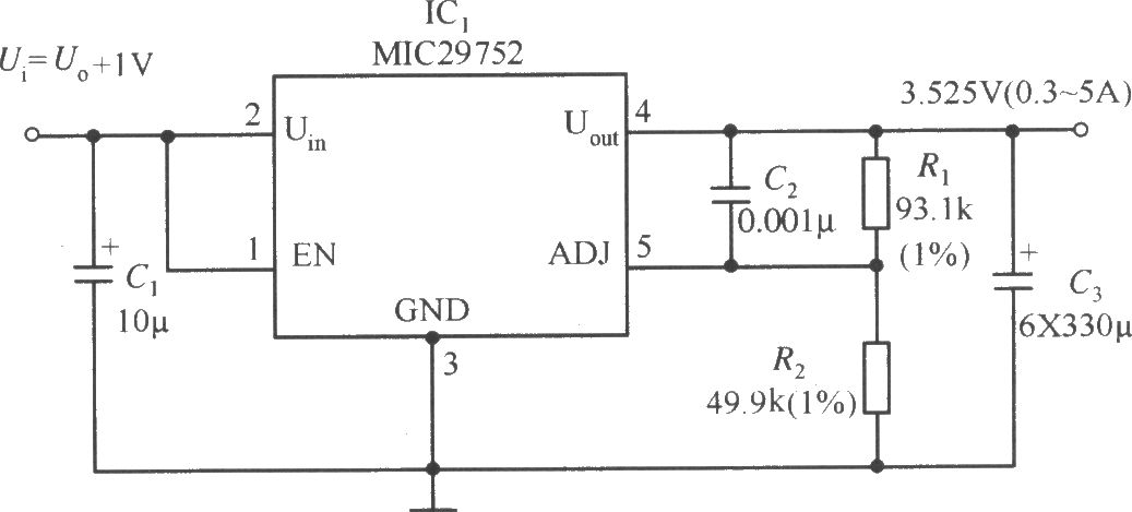 MIC29752构成的在负载变化范围很大的情况下也能稳定输出的稳压器