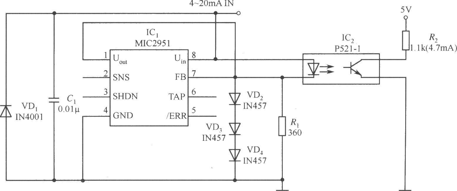 MIC2951构成的4～20mA的电流环开路探测器电路