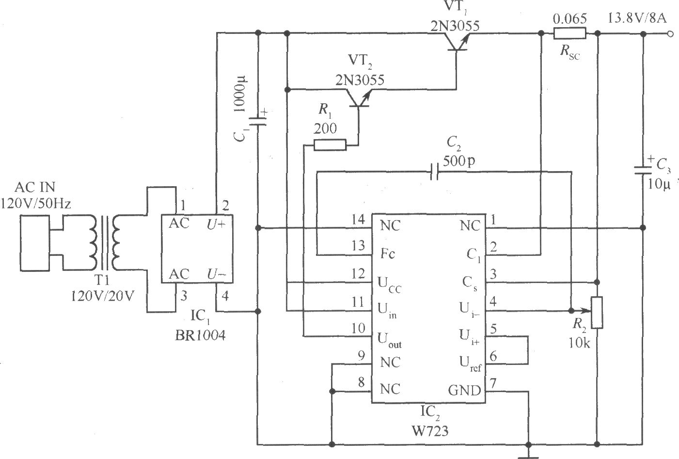 W723构成的汽车用的8A直流稳压电源