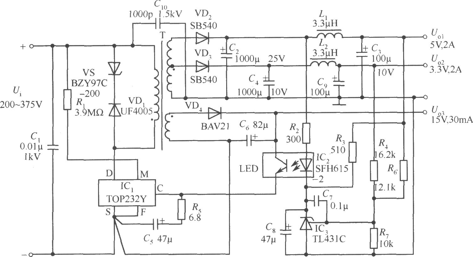 TOP232Y构成的5V、2A，3.3V、2A，15V、30mA 3路输出开关