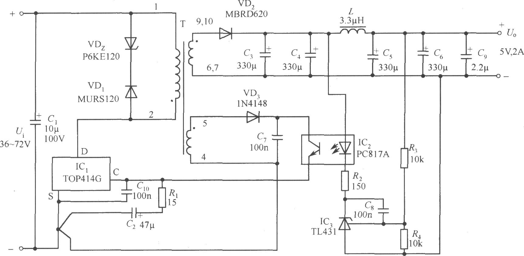 TOP414G构成的5V、2A隔离式开关电源电路