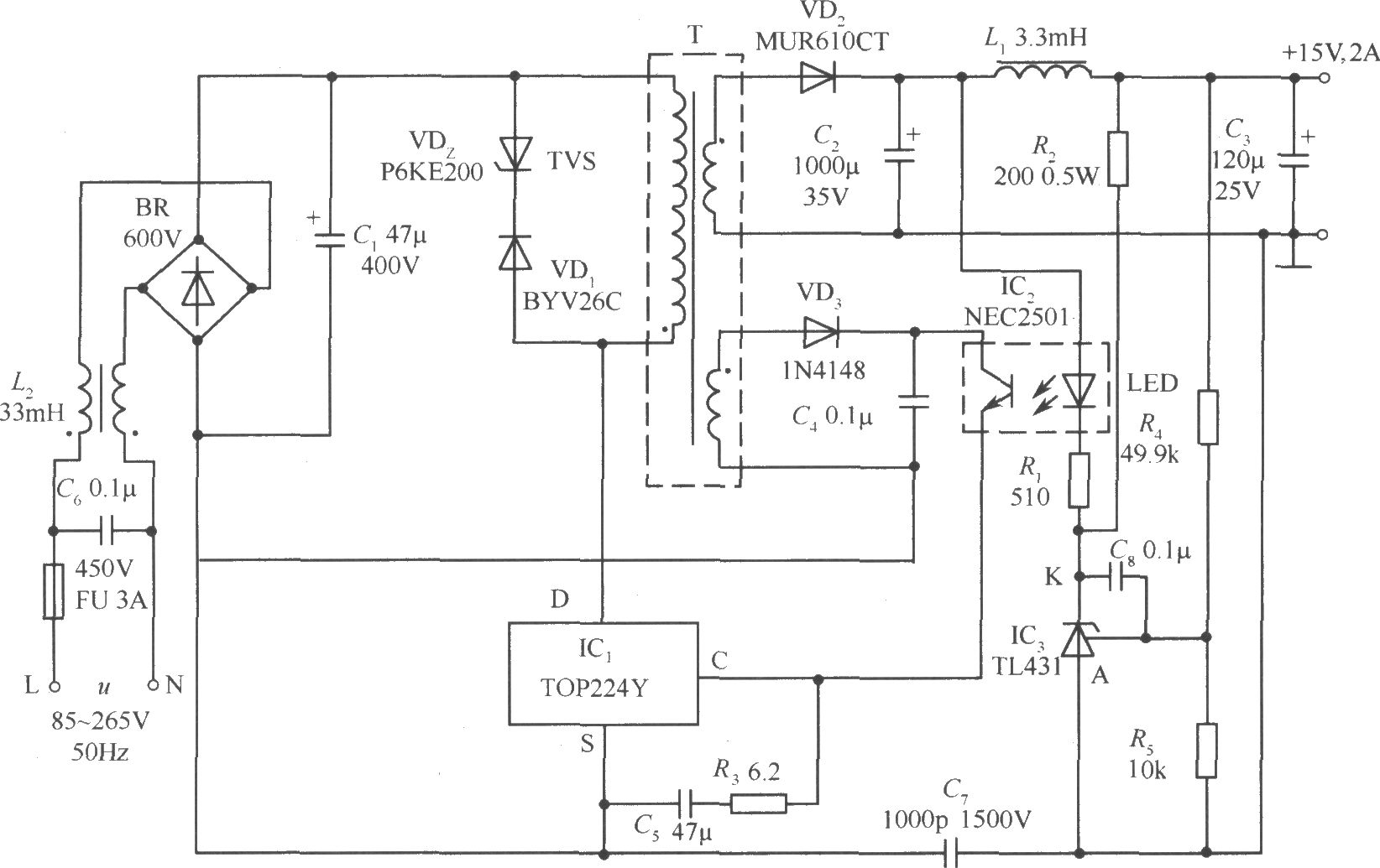 TOP224Y构成的15V、2A输出的直流开关电源电路