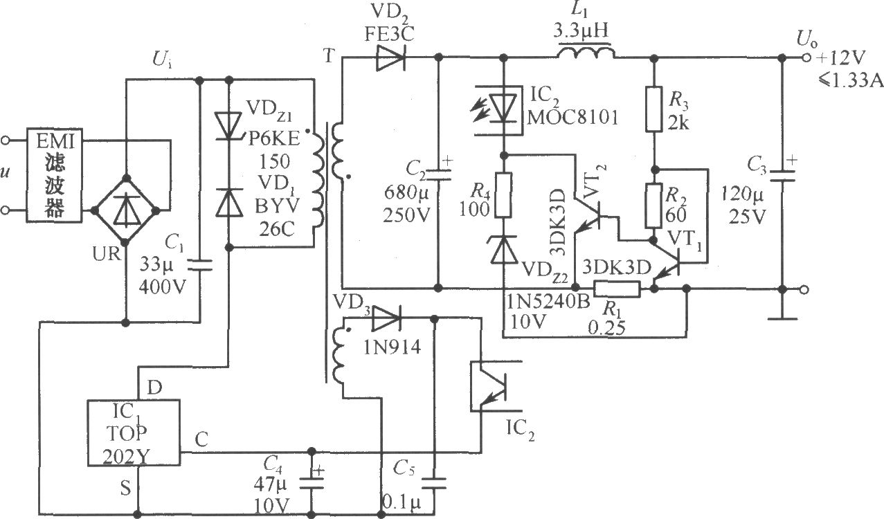 TOP202Y构成的12V、1.3A截流型开关电源电路