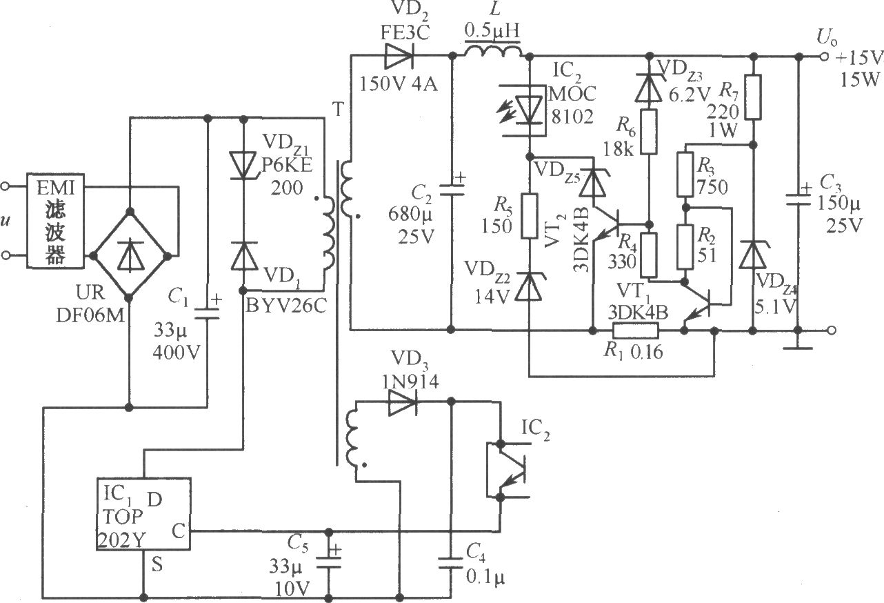 TOP202Y构成的15V、1A恒功率型开关电源电路