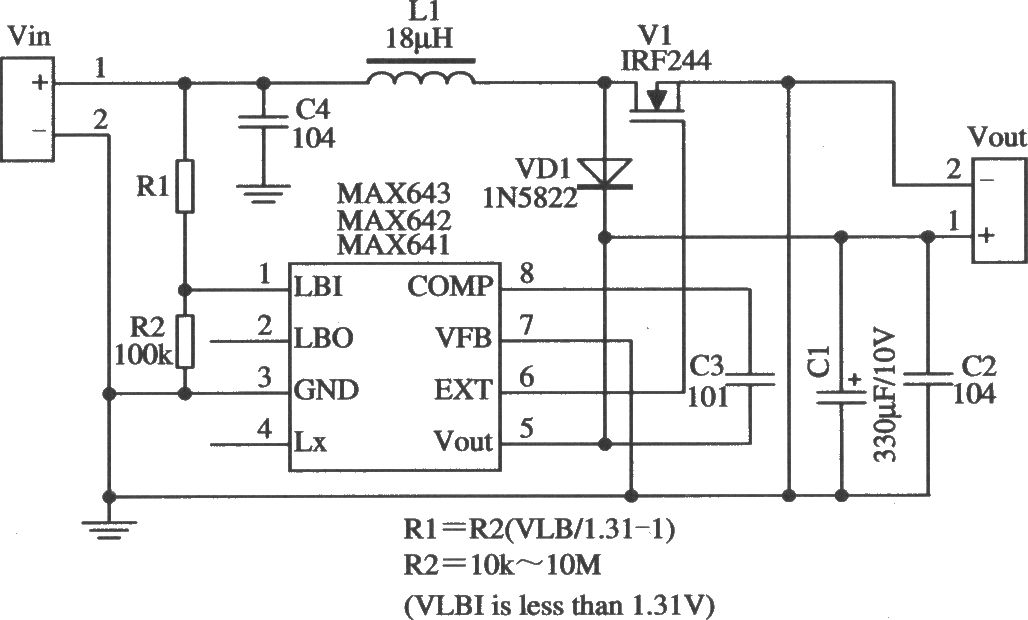 MAX641/MAX642构成的外加功率开关管的典型应用电路