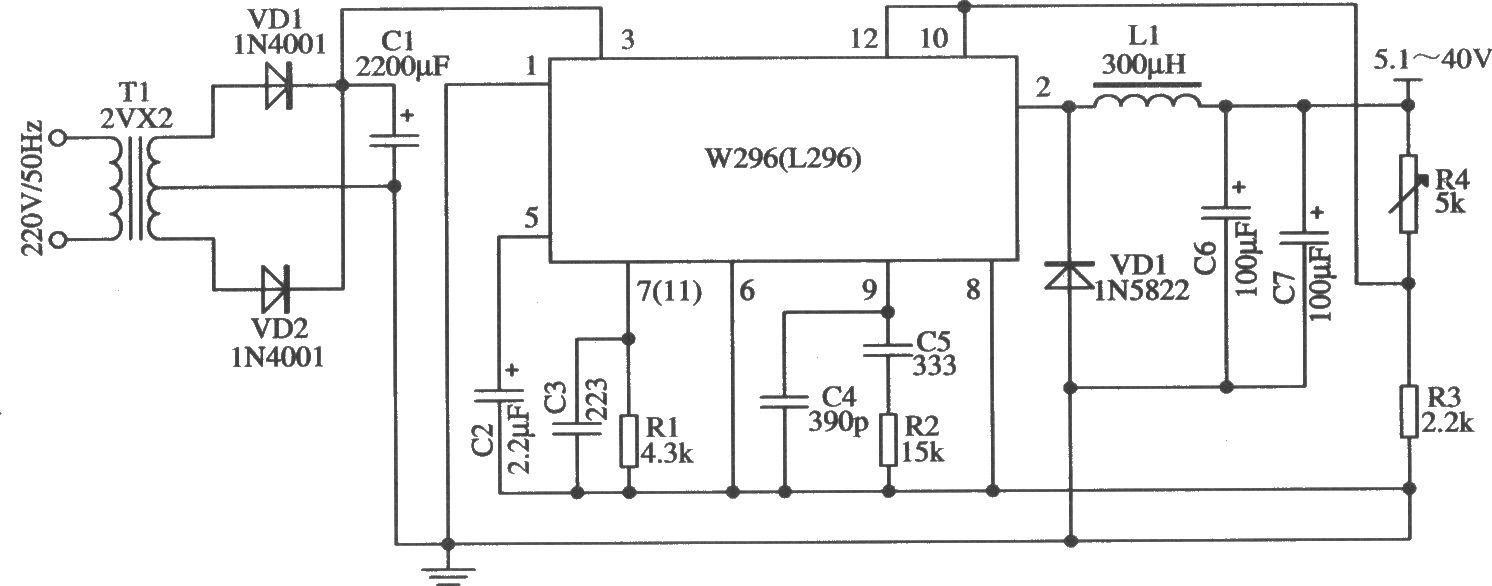 W296构成的1～40V连续可调、输出电流为2A的应用电路