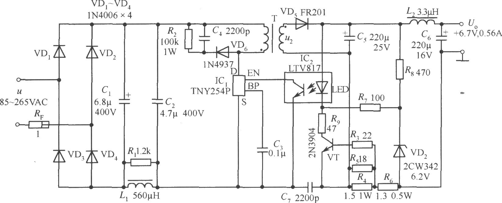 TNY254P构成的 6.7V、0.56A手机电池恒流充电器电路