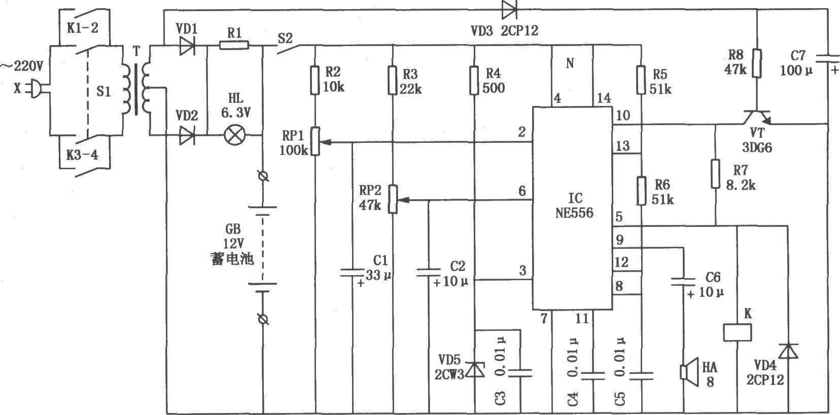 NE556构成的发电机启动蓄电池的全自动监控电路