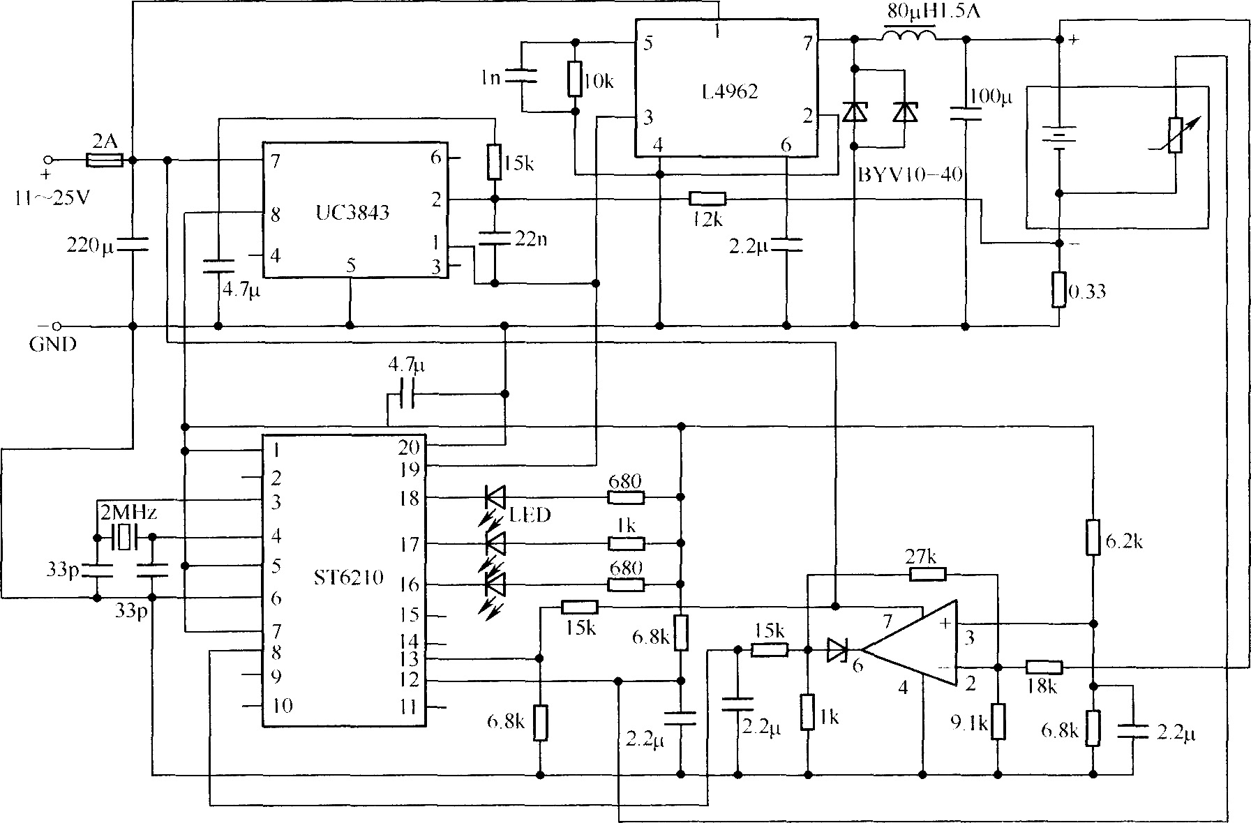 由ST6210构成的电池充电器电路