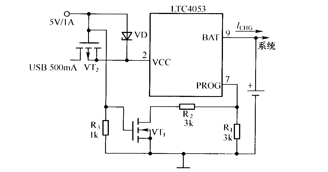 USB端口及墙上适配器供电的充电器原理图(LTC053)