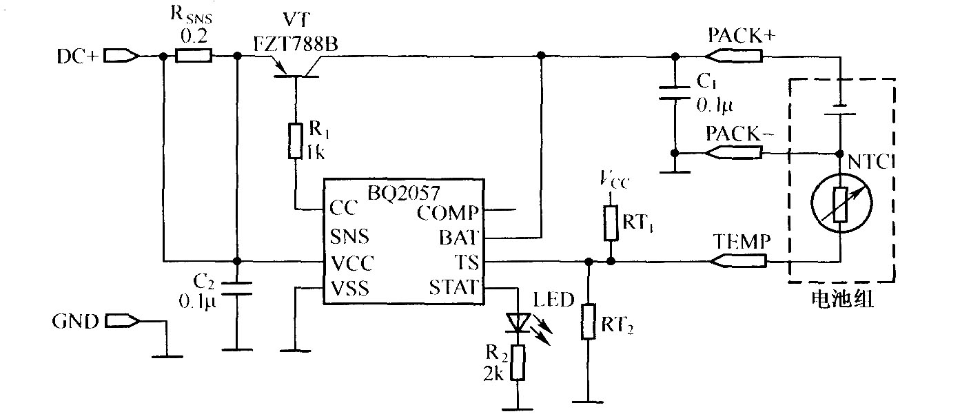 采用PNP晶体管设计的BQ2057充电器电路
