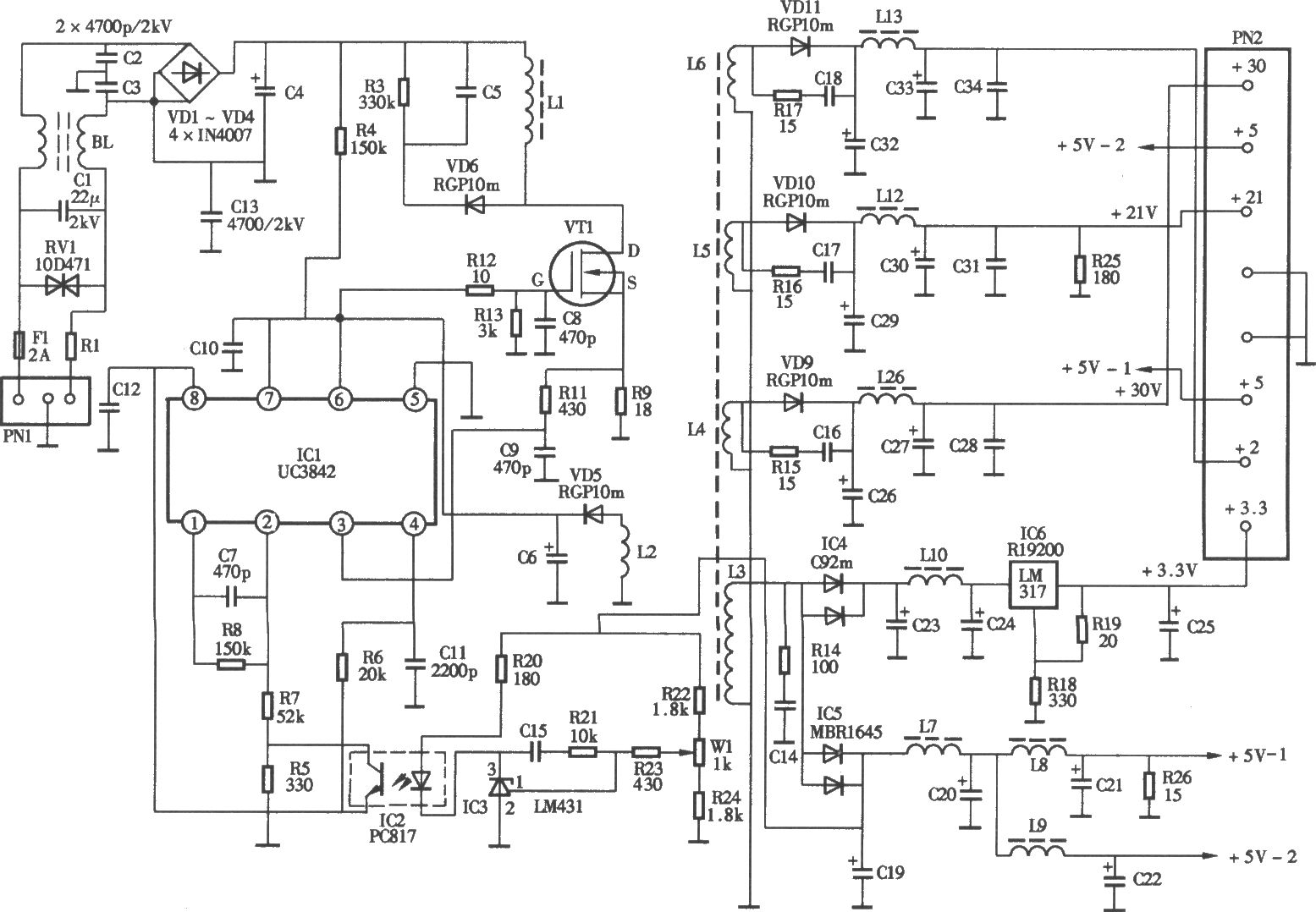 PBI DVR-1000型数字卫星电视接收机电源电路