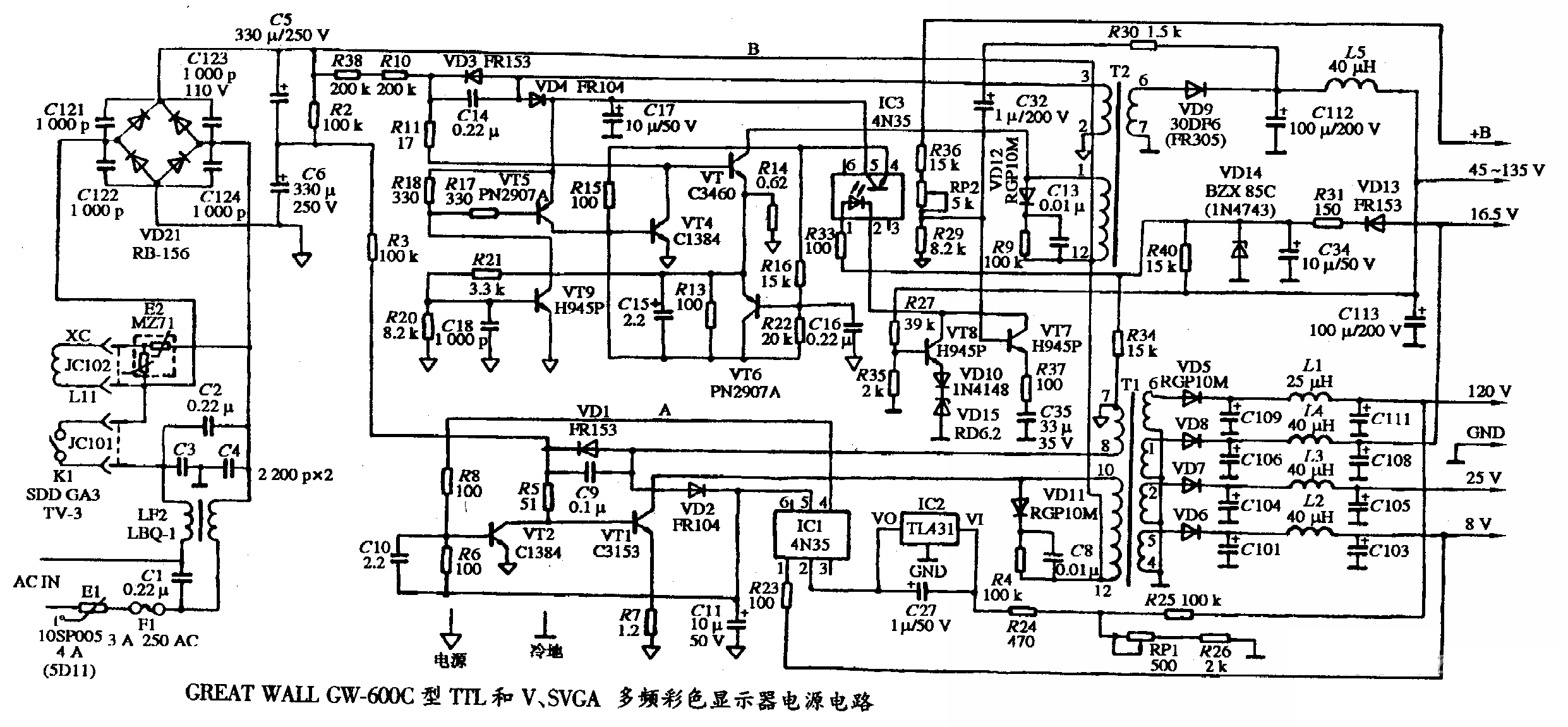 GREAT WALL GW-600C型TTL和V、SVGA多频彩色显示器的电源电路图