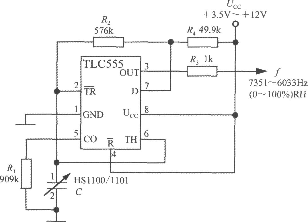 线性频率输出式相对湿度测量电路(湿度传感器HS1100/1101)