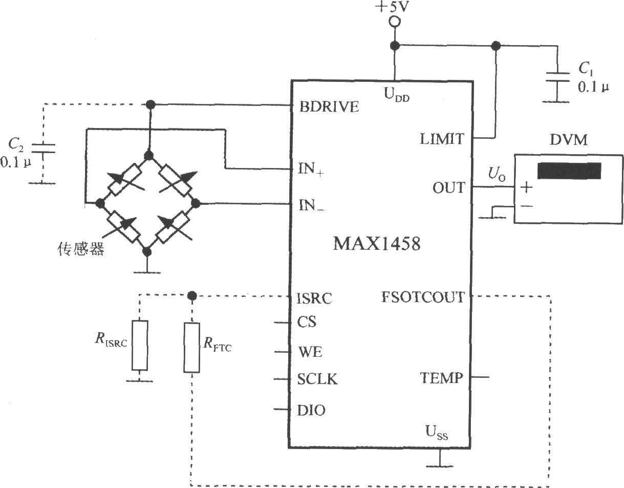 由数字式压力信号调理器MAX1458构成数字式压力测试仪的电路