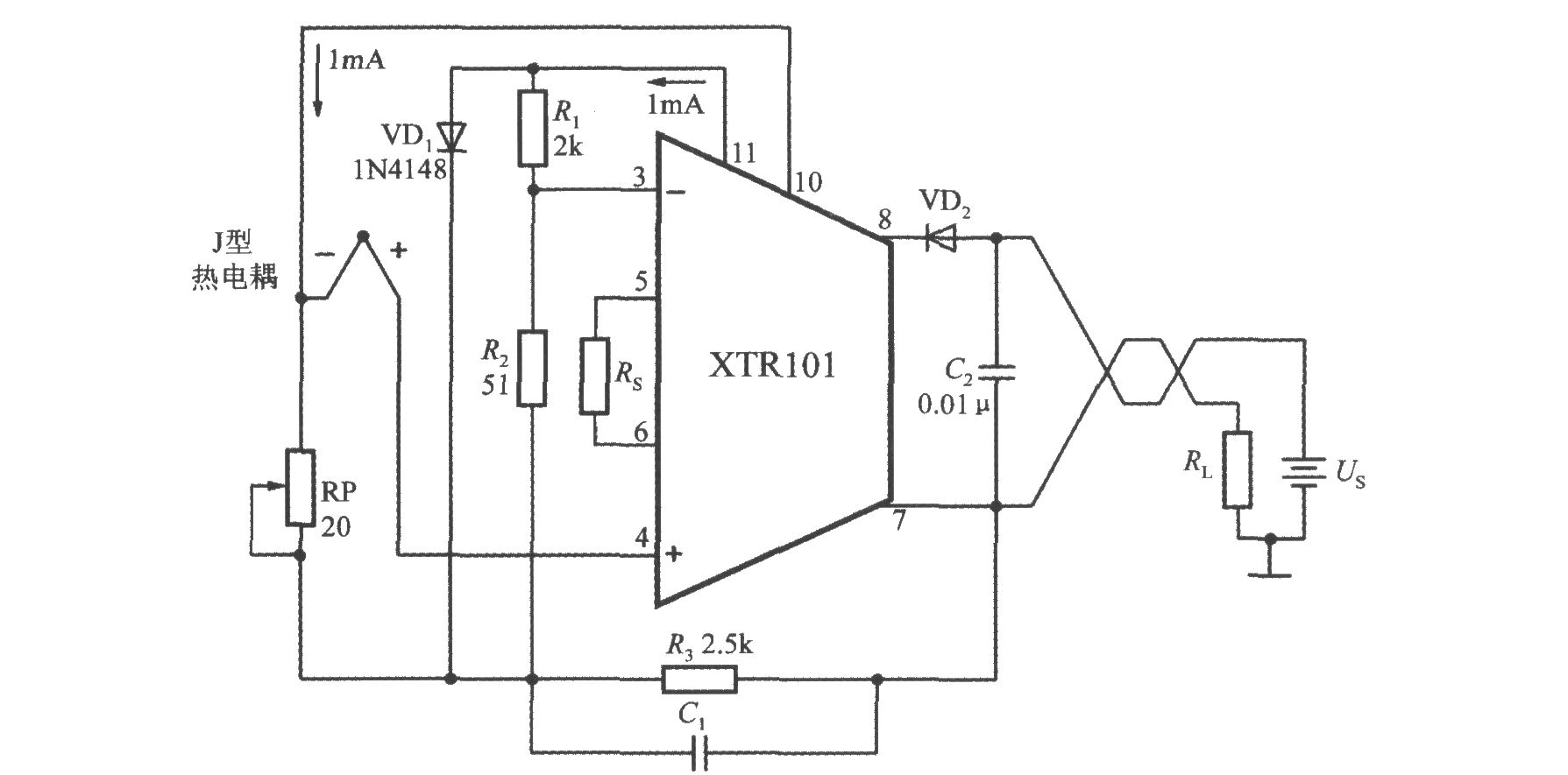 由精密电流变送器XTR101构成带冷端温度补偿功能