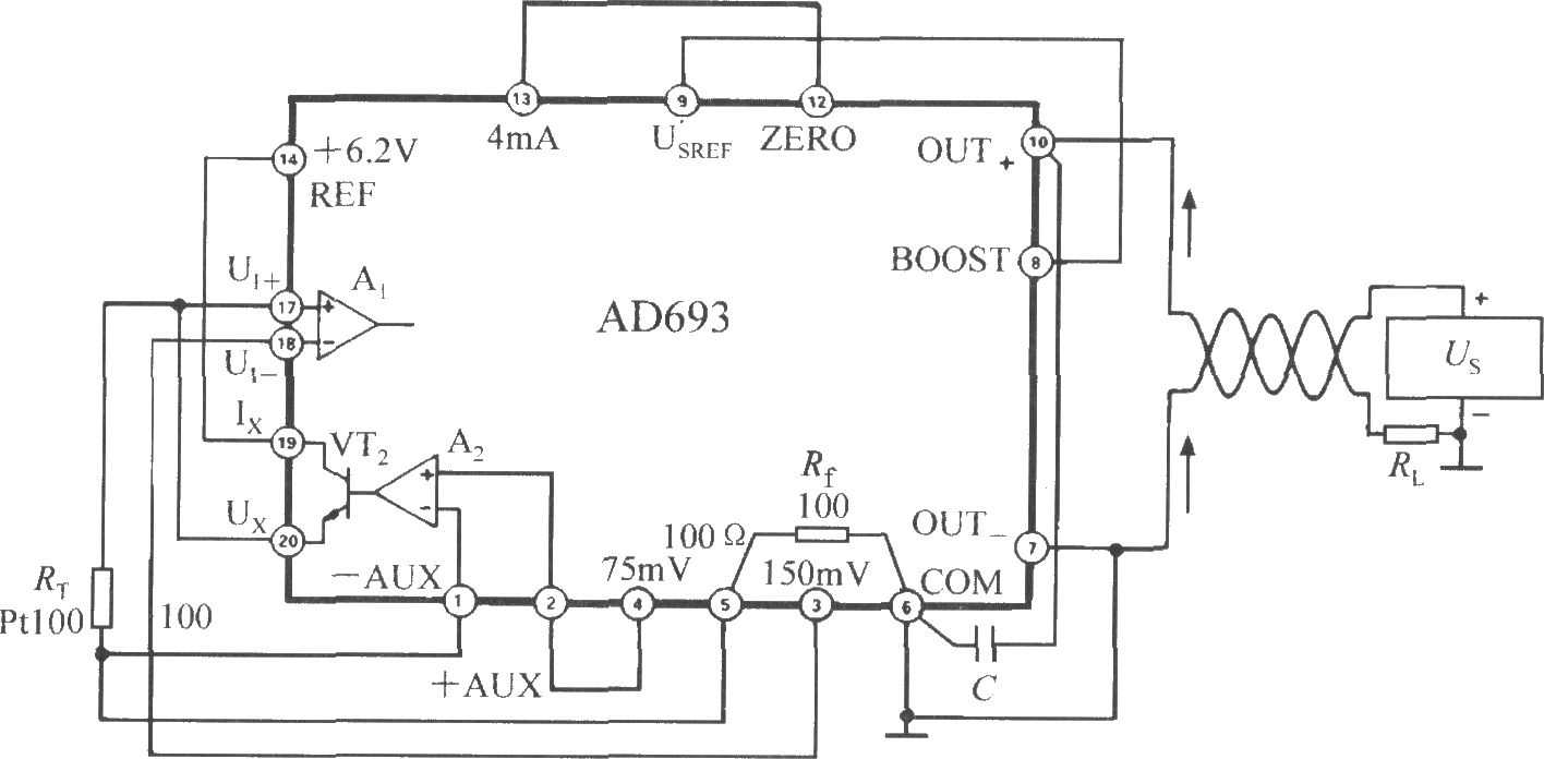 由多功能传感信号调理器AD693构成的PRTD信号调理器电路