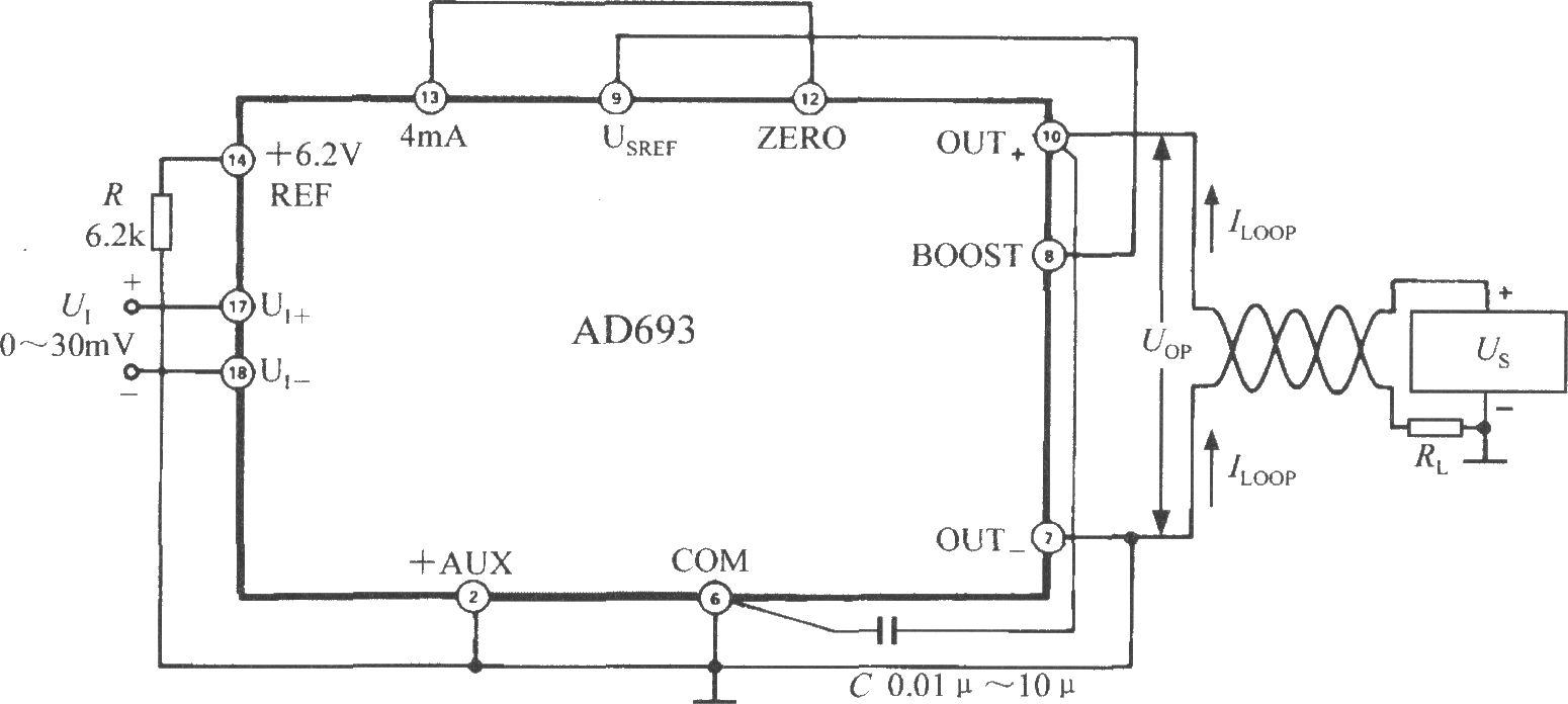 由多功能传感信号调理器AD693构成0～ 30mV单极性输入、4～20mA输