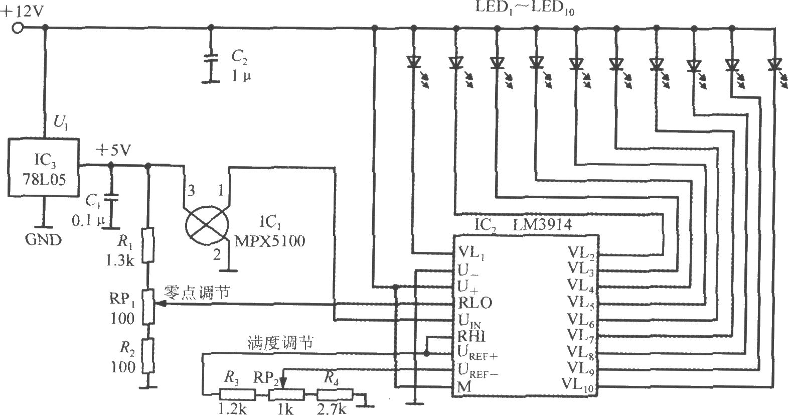 由集成硅压力传感器MPX5100A构成的LED条图显示压力计电路