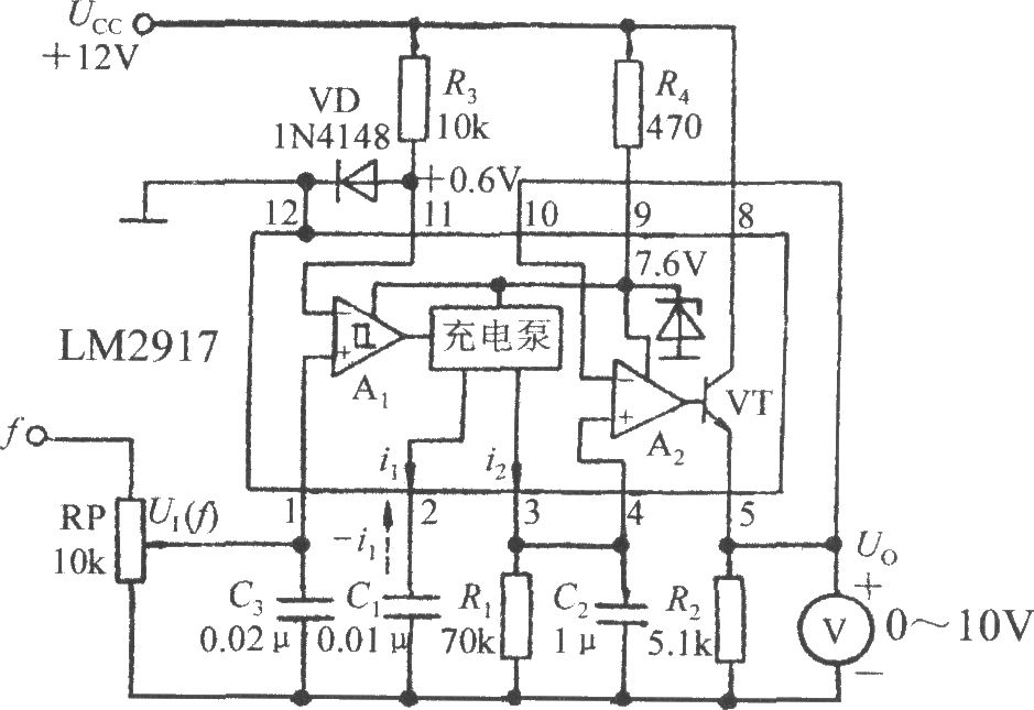 由集成转速/电压转换器LM2917构成的频率／电压转换电路