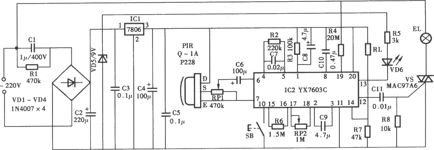 采用YX7603C热释电红外控制照明灯电路